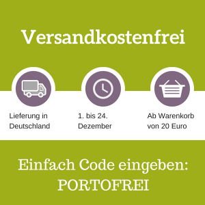 Geschenkideen Weihnachten versandkostenfrei innerhalb Deutschland bestellen. In der Zeit vom 1.-24.12. ab einem Warenwert von 20 Euro (statt 50 Euro). Code PORTOFREI